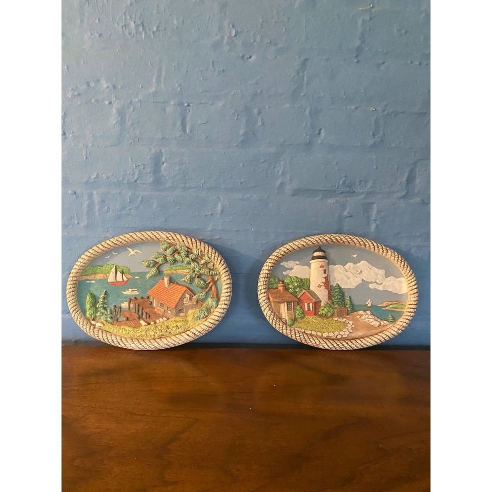 Pair Vintage Hershey Molds 1981 Seaside Plaques Fishing Lighthouse 7" by 10"